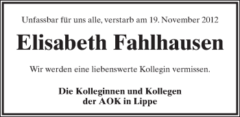 Anzeige  Elisabeth Fahlhausen  Lippische Landes-Zeitung
