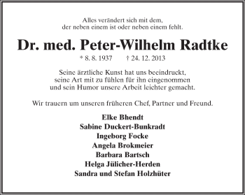 Anzeige  Peter-Wilhelm Radtke  Lippische Landes-Zeitung