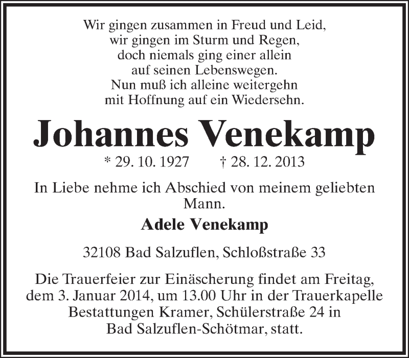  Traueranzeige für Johannes Venekamp vom 30.12.2013 aus Lippische Landes-Zeitung