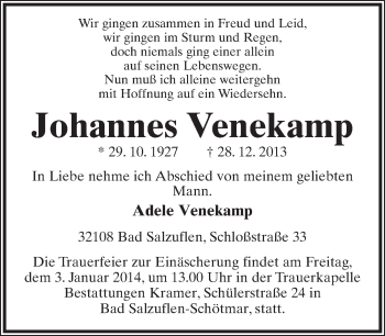 Anzeige  Johannes Venekamp  Lippische Landes-Zeitung