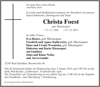 Anzeige  Christa Foest  Lippische Landes-Zeitung