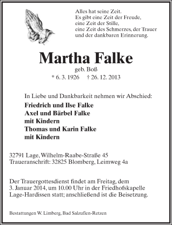 Anzeige  Martha Falke  Lippische Landes-Zeitung