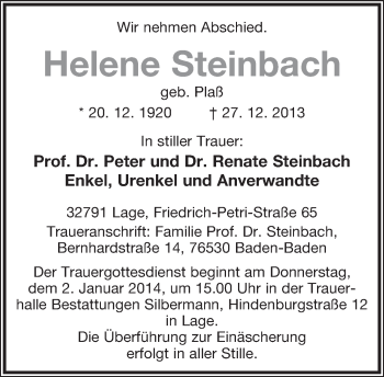 Anzeige  Helene Steinbach  Lippische Landes-Zeitung