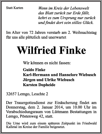 Anzeige  Wilfried Finke  Lippische Landes-Zeitung