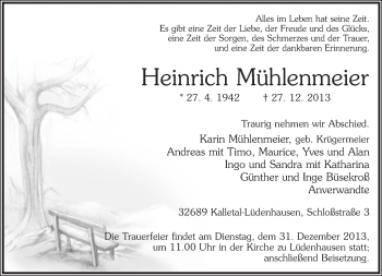 Anzeige  Heinrich Mühlenmeier  Lippische Landes-Zeitung