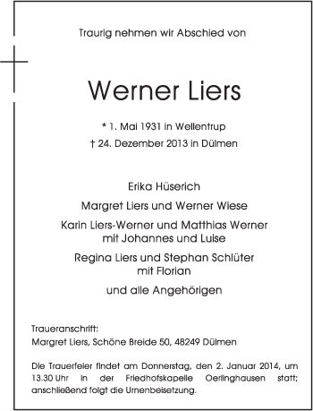 Anzeige  Werner Liers  Lippische Landes-Zeitung