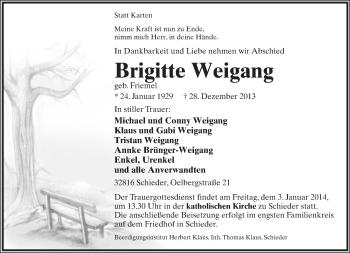 Anzeige  Brigitte Weigang  Lippische Landes-Zeitung