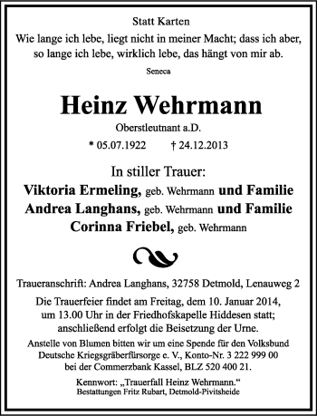 Anzeige  Heinz Wehrmann  Lippische Landes-Zeitung