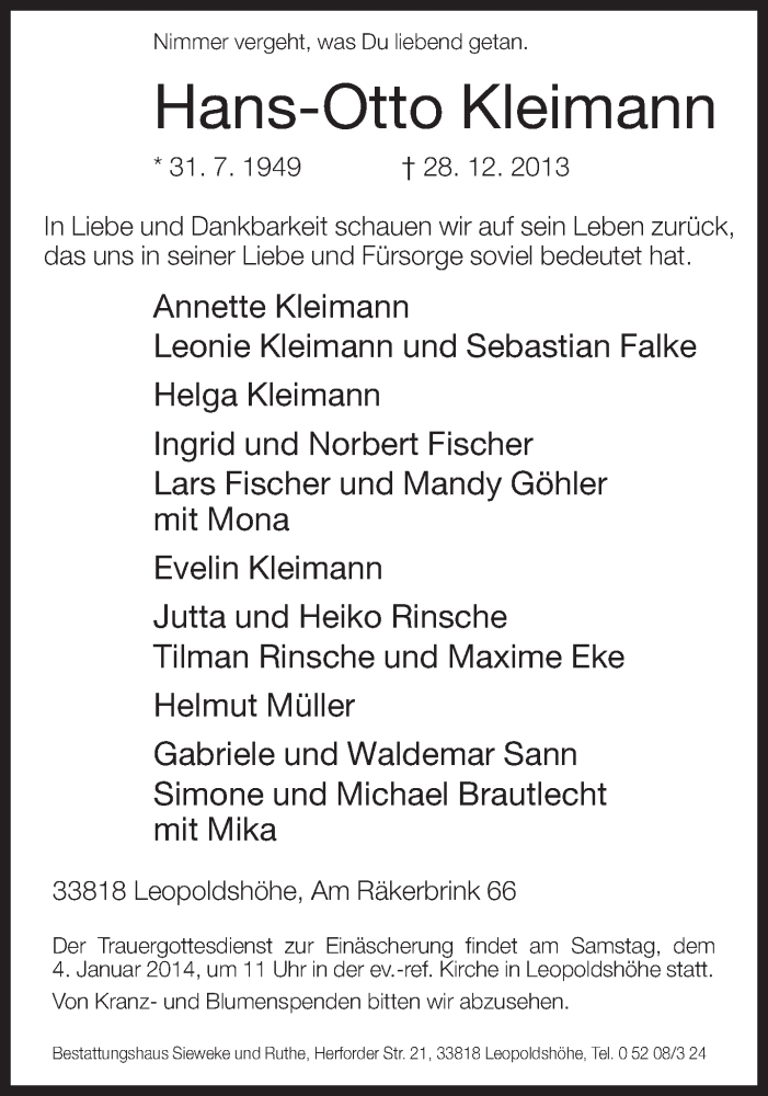  Traueranzeige für Hans-Otto Kleimann vom 31.12.2013 aus Lippische Landes-Zeitung