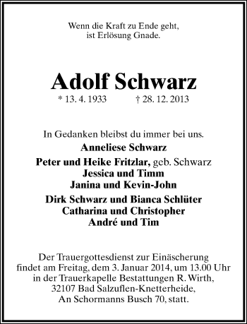 Anzeige  Adolf Schwarz  Lippische Landes-Zeitung