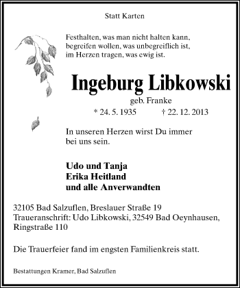 Anzeige  Ingeburg Libkowski  Lippische Landes-Zeitung