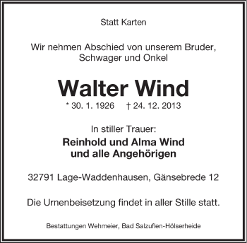 Anzeige  Walter Wind  Lippische Landes-Zeitung