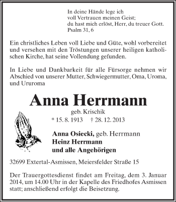 Anzeige  Anna Herrmann  Lippische Landes-Zeitung