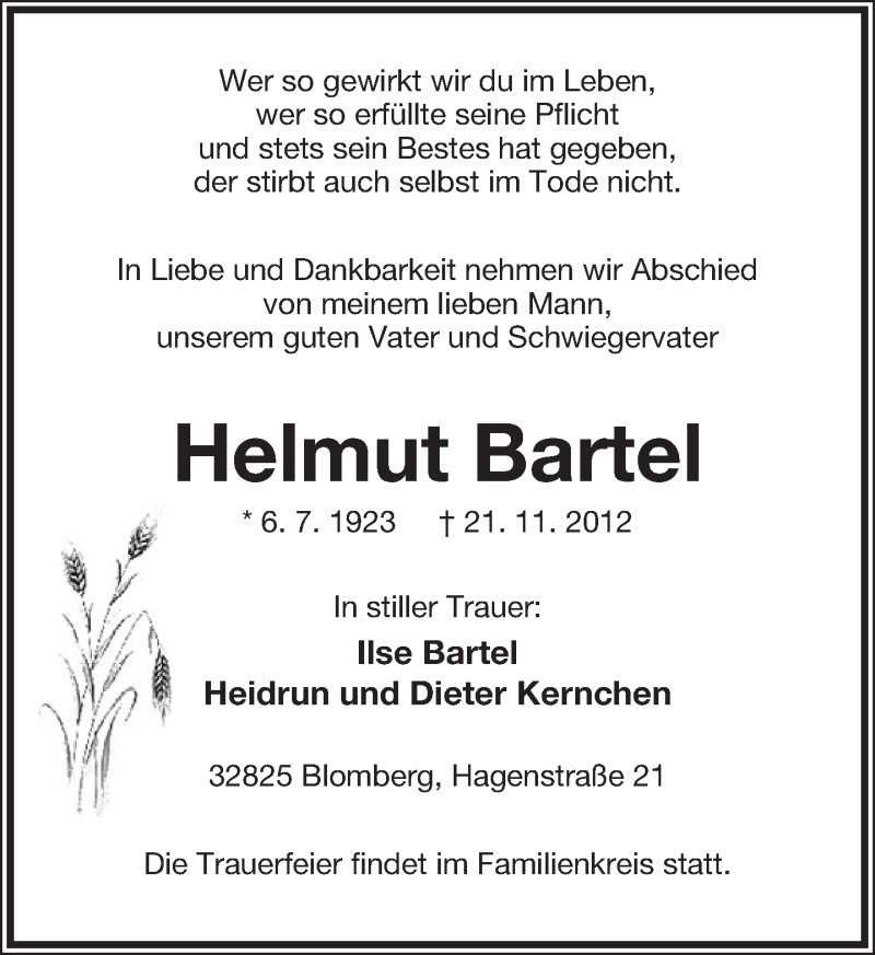  Traueranzeige für Helmut Bartel vom 24.11.2012 aus Lippische Landes-Zeitung