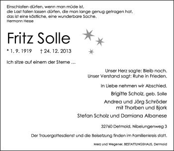 Anzeige  Fritz Solle  Lippische Landes-Zeitung