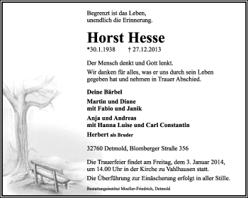 Anzeige  Horst Hesse  Lippische Landes-Zeitung