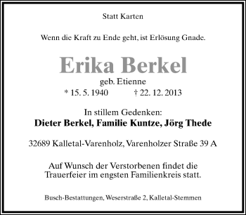 Anzeige  Erika Berkel  Lippische Landes-Zeitung