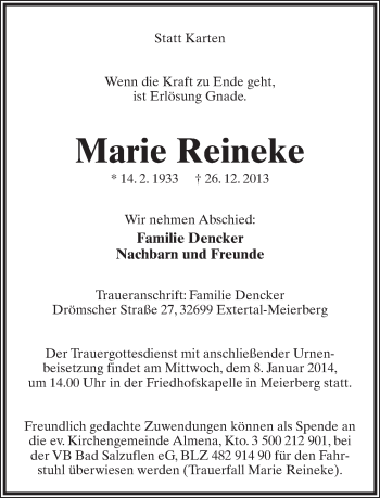 Anzeige  Marie Reineke  Lippische Landes-Zeitung