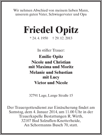 Anzeige  Friedel Opitz  Lippische Landes-Zeitung