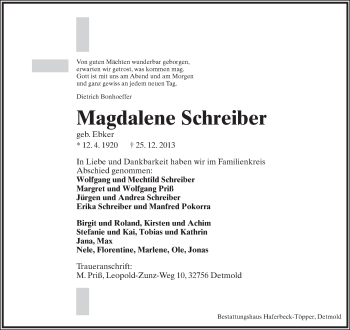 Anzeige  Magdalene Schreiber  Lippische Landes-Zeitung
