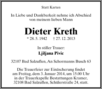 Anzeige  Dieter Kreth  Lippische Landes-Zeitung