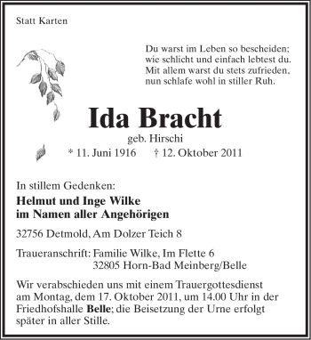 Anzeige  Ida Bracht  Lippische Landes-Zeitung
