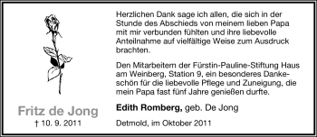 Anzeige  Fritz de Jong  Lippische Landes-Zeitung