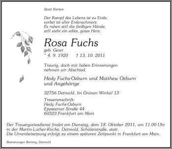 Anzeige  Rosa Fuchs  Lippische Landes-Zeitung