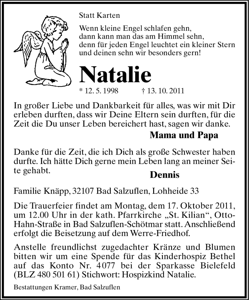  Traueranzeige für Natalie Knäpp vom 15.10.2011 aus Lippische Landes-Zeitung
