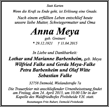 Anzeige  Anna Meya  Lippische Landes-Zeitung