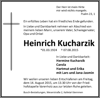 Anzeige  Heinrich Kucharzik  Lippische Landes-Zeitung