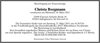Anzeige  Christa Borgmann  Lippische Landes-Zeitung