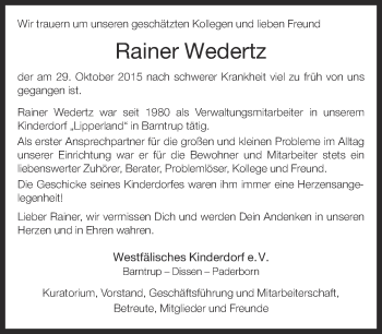 Anzeige  Rainer Wedertz  Lippische Landes-Zeitung
