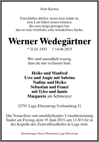Anzeige  Werner Wedegärtner  Lippische Landes-Zeitung