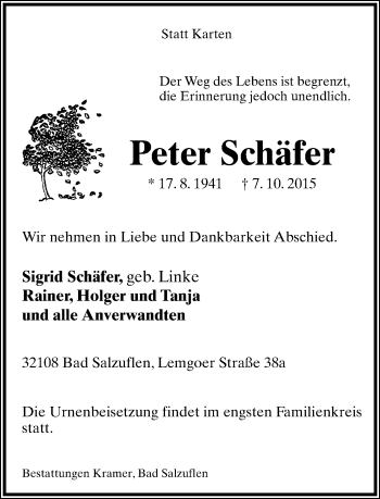 Anzeige  Peter Schäfer  Lippische Landes-Zeitung