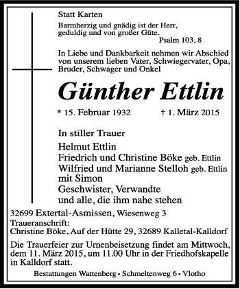 Anzeige  Günther Ettlin  Lippische Landes-Zeitung
