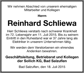 Anzeige  Reinhard Schliewa  Lippische Landes-Zeitung
