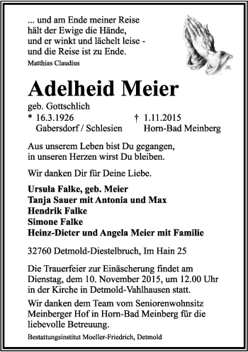 Anzeige  Adelheid Meier  Lippische Landes-Zeitung