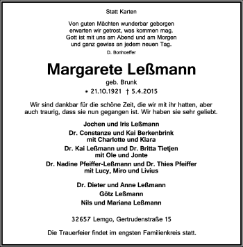 Anzeige  Margarete Leßmann  Lippische Landes-Zeitung