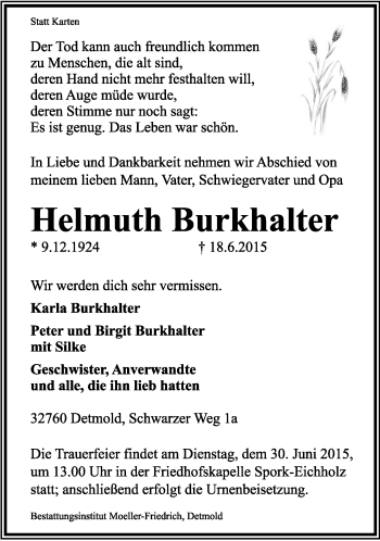 Anzeige  Helmuth Burkhalter  Lippische Landes-Zeitung