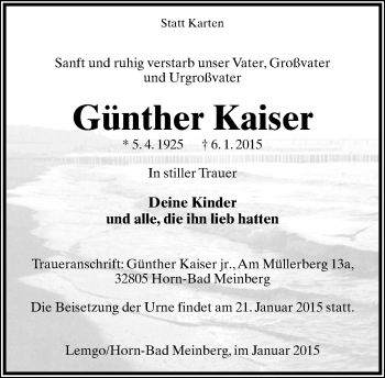 Anzeige  Günther Kaiser  Lippische Landes-Zeitung