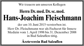 Anzeige  Hans-Joachim Fleischmann  Lippische Landes-Zeitung