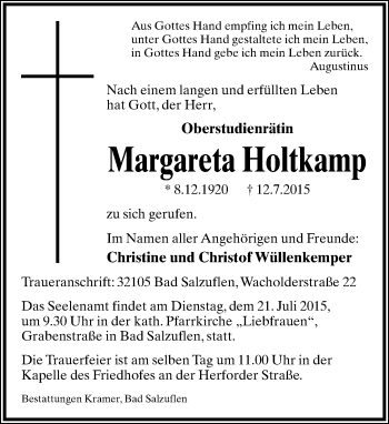 Anzeige  Margarete Holtkamp  Lippische Landes-Zeitung
