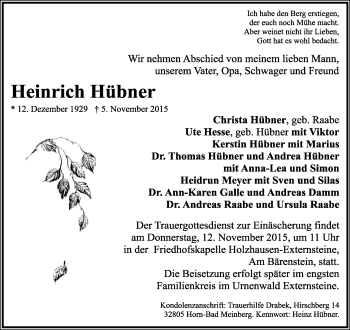 Anzeige  Heinrich Hübner  Lippische Landes-Zeitung