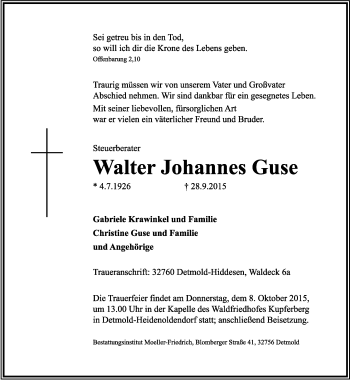 Anzeige  Walter Johannes Guse  Lippische Landes-Zeitung