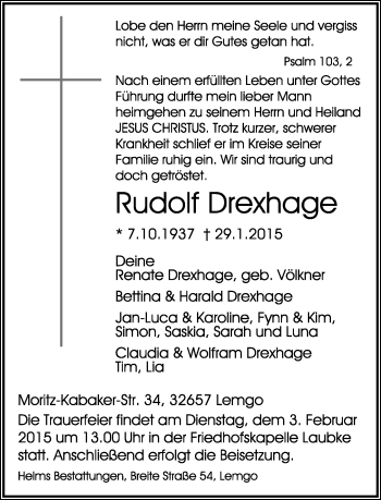Anzeige  Rudolf Drexhage  Lippische Landes-Zeitung