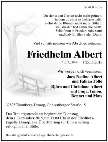 Anzeige  Friedhelm Albert  Lippische Landes-Zeitung