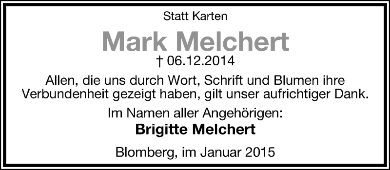  Traueranzeige für Mark Melchert vom 17.01.2015 aus Lippische Landes-Zeitung