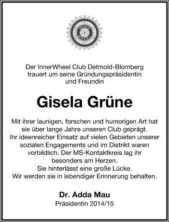 Anzeige  Gisela Grüne  Lippische Landes-Zeitung