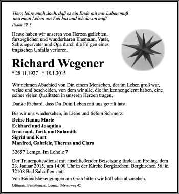 Anzeige  Richard Wegener  Lippische Landes-Zeitung